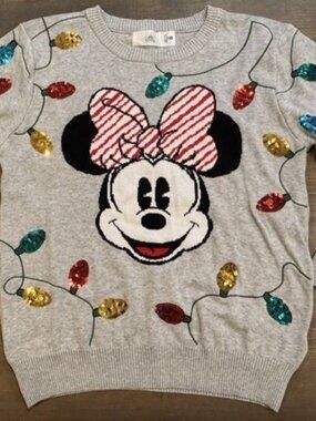 Women's Minnie Mouse Holiday Cheer Sweater with sequin bulbs Size M NWOT